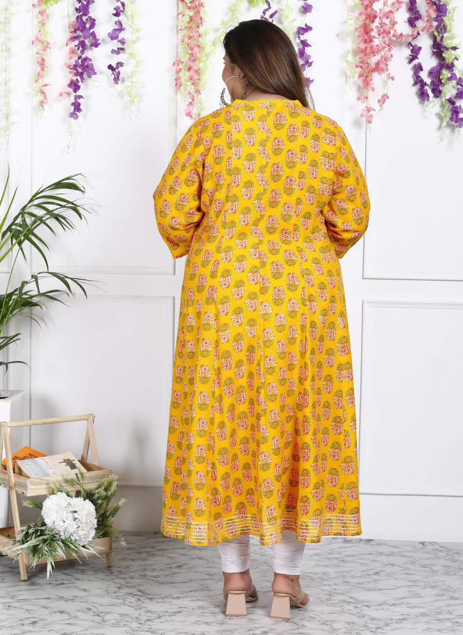 Plus Size Yellow Floral Print Flared Long Kurta-400028