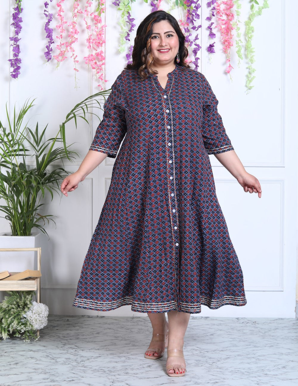 Plus Size Blue Cotton Blend Floral Print A-line Gown-400029 Secondary image