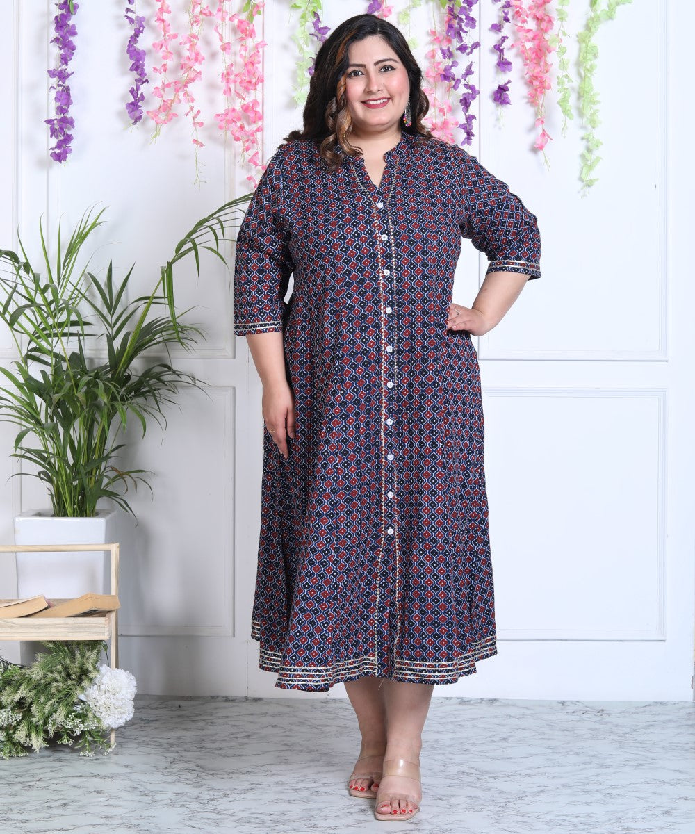 Plus Size Blue Cotton Blend Floral Print A-line Gown-400029