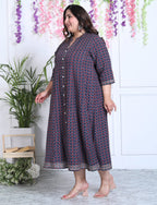 Plus Size Blue Cotton Blend Floral Print A-line Gown-400029