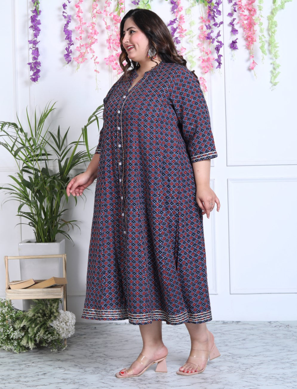 Plus Size Blue Cotton Blend Floral Print A-line Gown-400029