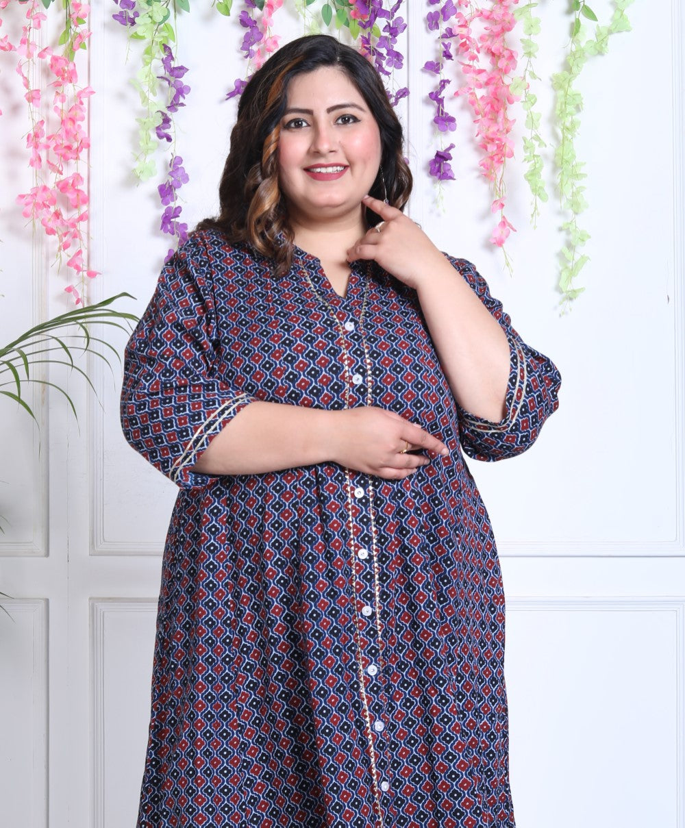 Plus Size Blue Cotton Blend Floral Print A-line Gown-400029