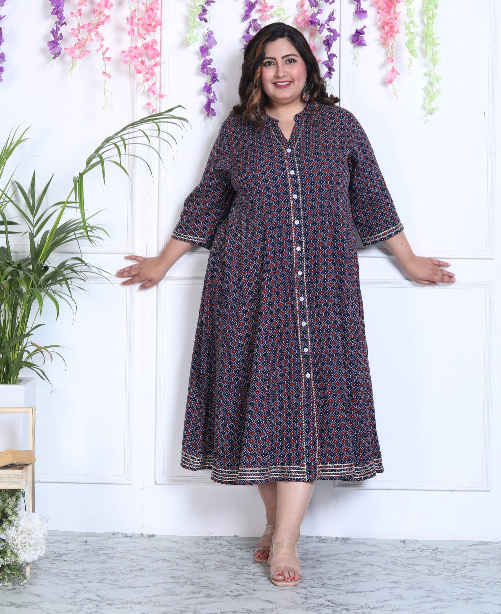 Plus Size Blue Cotton Blend Floral Print A-line Gown-400029