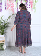 Plus Size Blue Cotton Blend Floral Print A-line Gown-400029