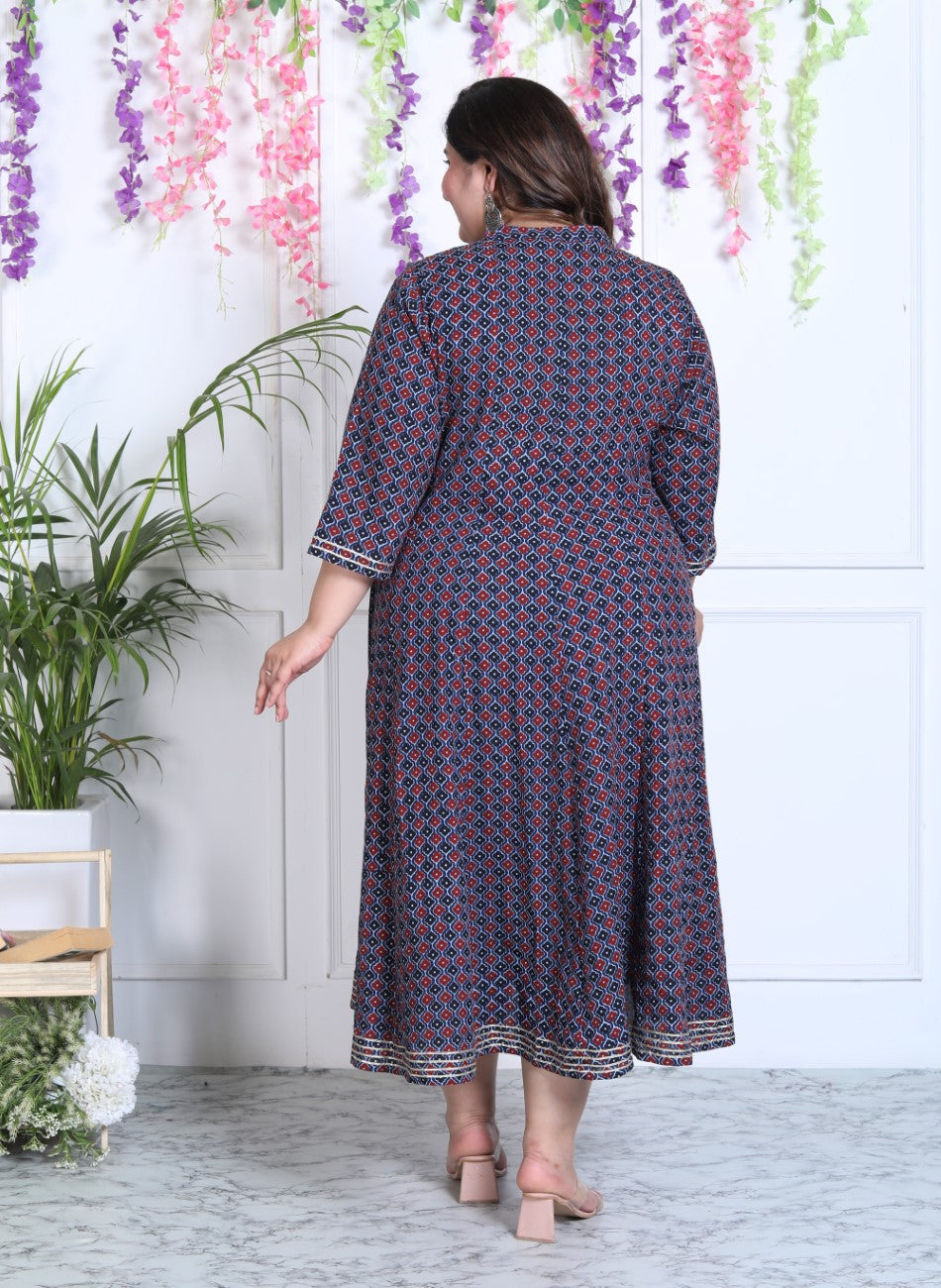 Plus Size Blue Cotton Blend Floral Print A-line Gown-400029