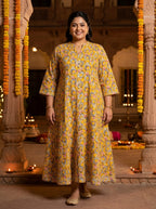 Plus Size Yellow Rayon Floral Print Flared Long Kurta-400030