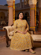 Plus Size Yellow Rayon Floral Print Flared Long Kurta-400030