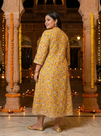 Plus Size Yellow Rayon Floral Print Flared Long Kurta-400030