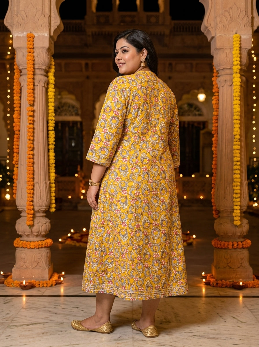 Plus Size Yellow Rayon Floral Print Flared Long Kurta-400030