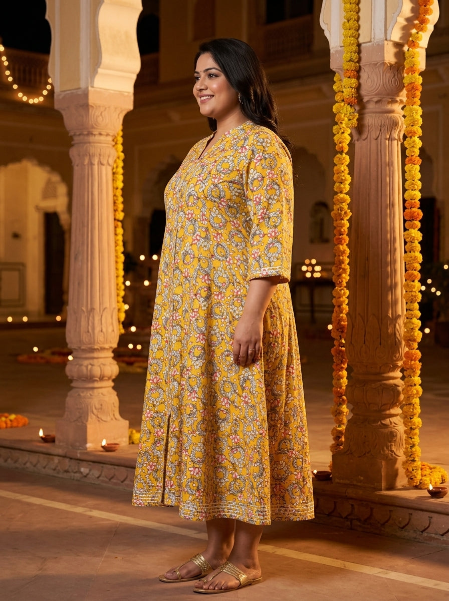 Plus Size Yellow Rayon Floral Print Flared Long Kurta-400030