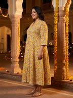 Plus Size Yellow Rayon Floral Print Flared Long Kurta-400030