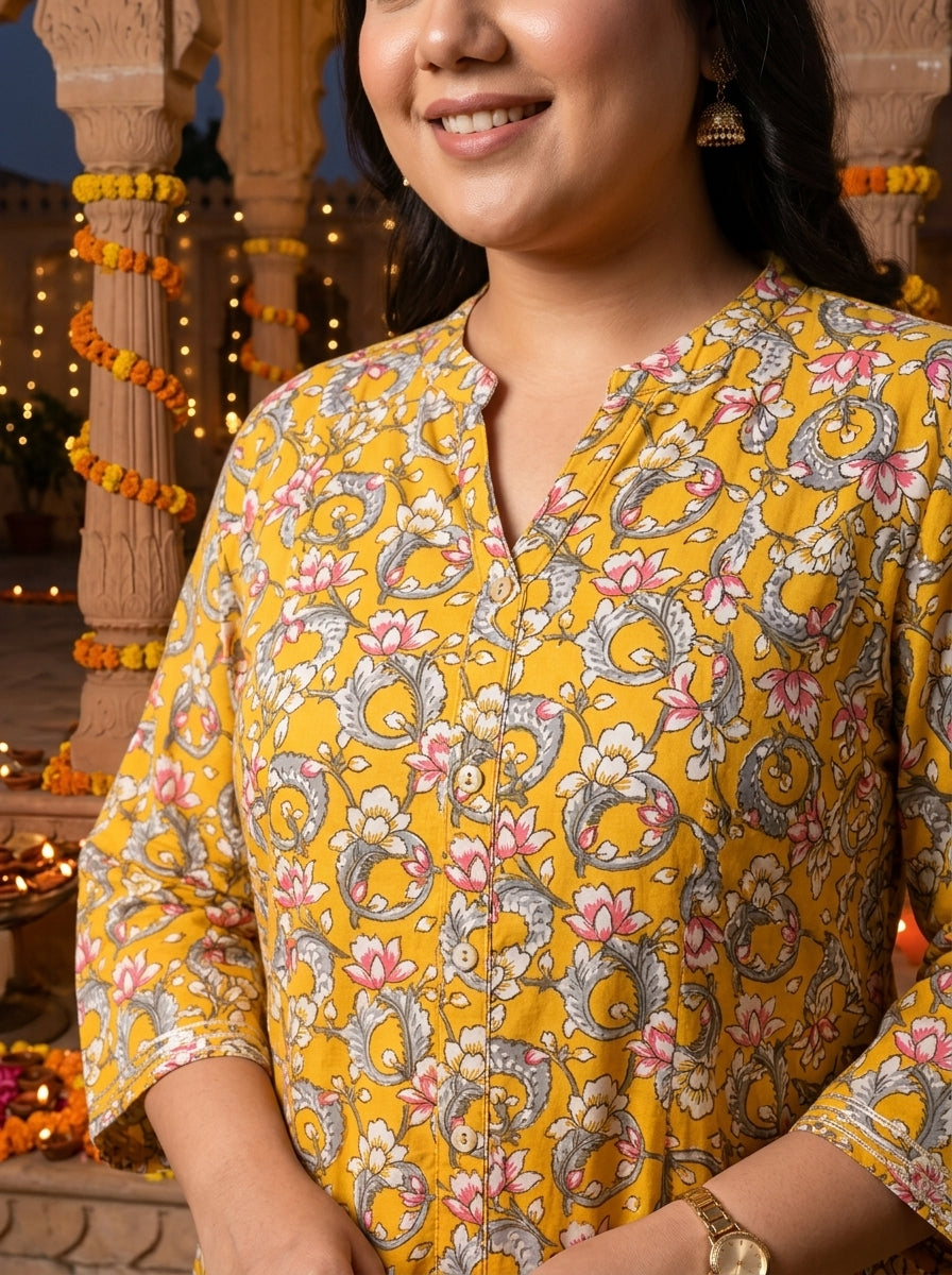 Plus Size Yellow Rayon Floral Print Flared Long Kurta-400030