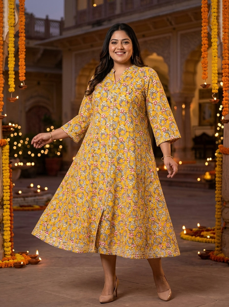 Plus Size Yellow Rayon Floral Print Flared Long Kurta-400030