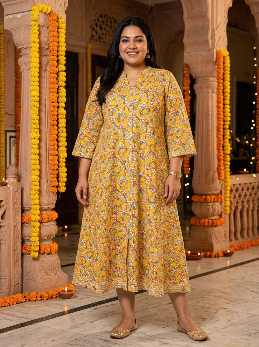 Plus Size Yellow Rayon Floral Print Flared Long Kurta-400030