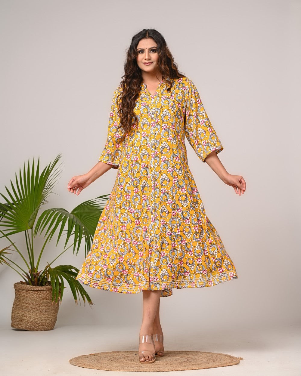 Plus Size Yellow Floral Print Flared Long Kurta-400030 Secondary image