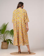 Plus Size Yellow Floral Print Flared Long Kurta-400030