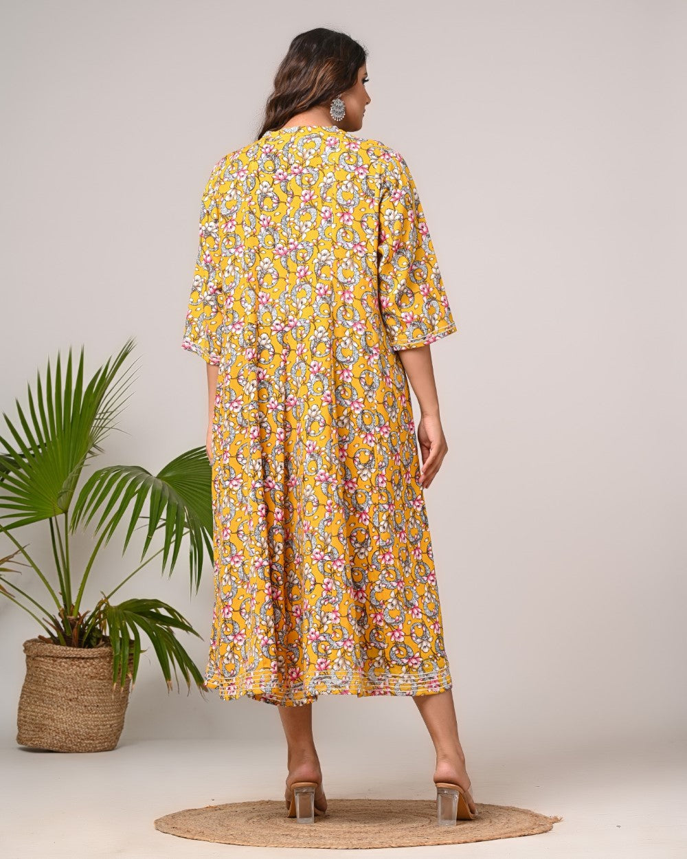 Plus Size Yellow Floral Print Flared Long Kurta-400030