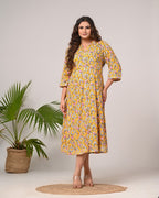 Plus Size Yellow Floral Print Flared Long Kurta-400030