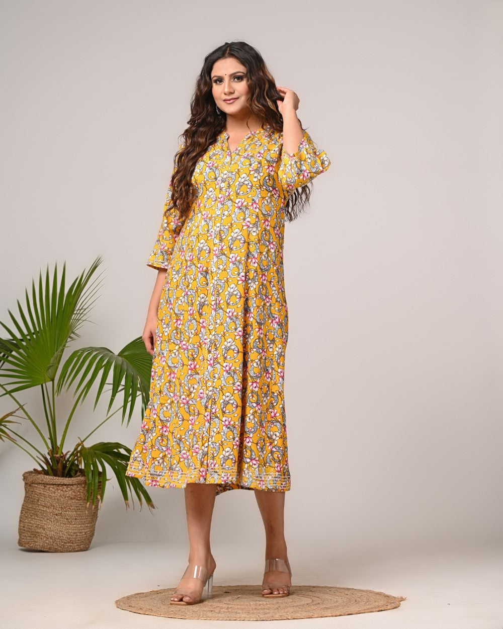 Plus Size Yellow Floral Print Flared Long Kurta-400030