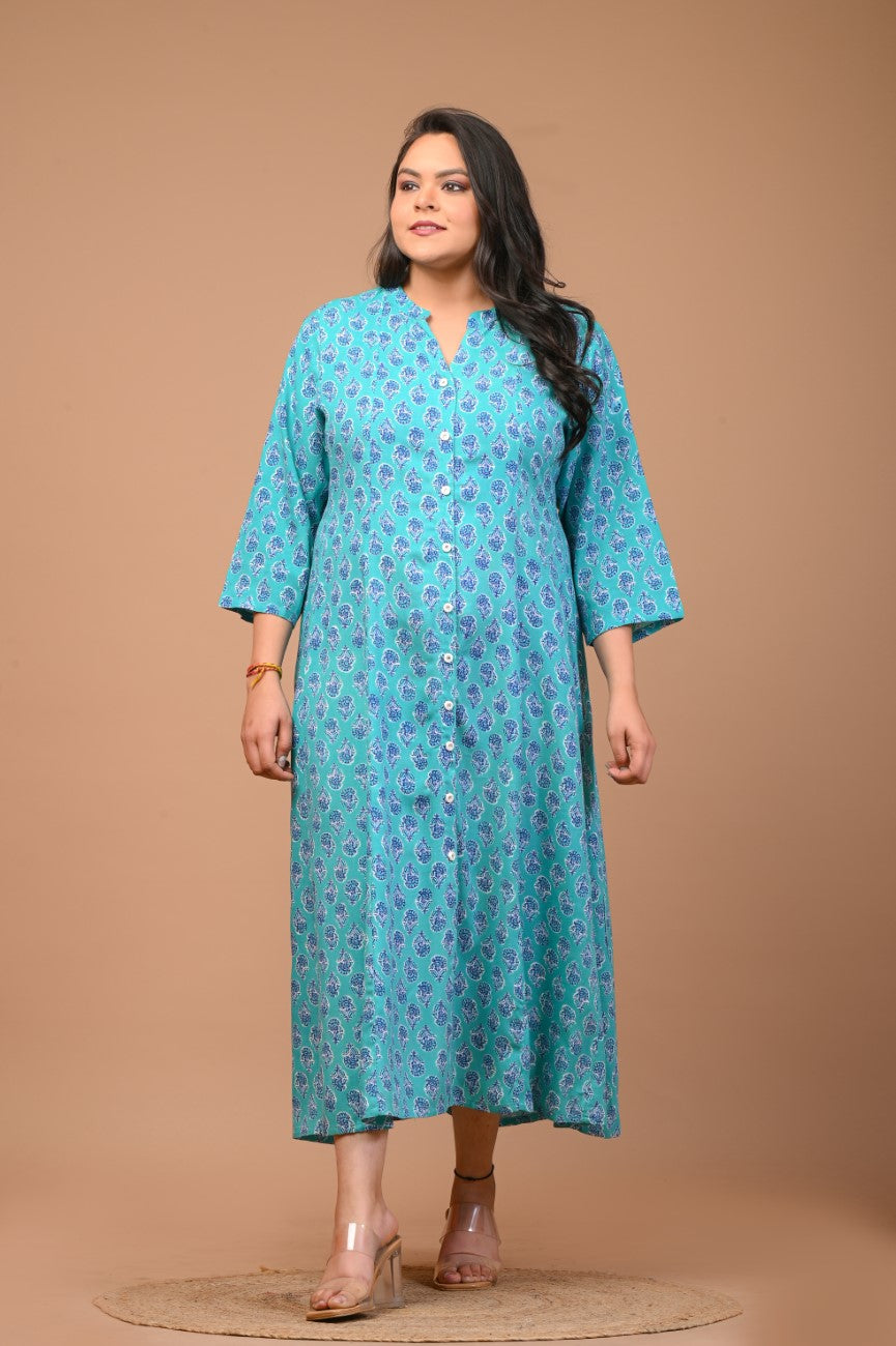 Plus Size Blue Floral Print Flared Long Kurta-400033 Secondary image