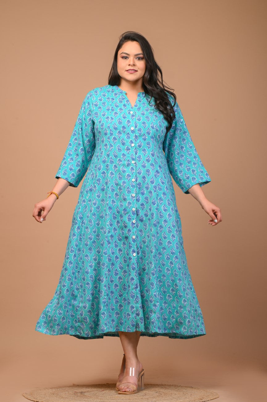Plus Size Blue Floral Print Flared Long Kurta-400033