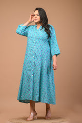 Plus Size Blue Floral Print Flared Long Kurta-400033