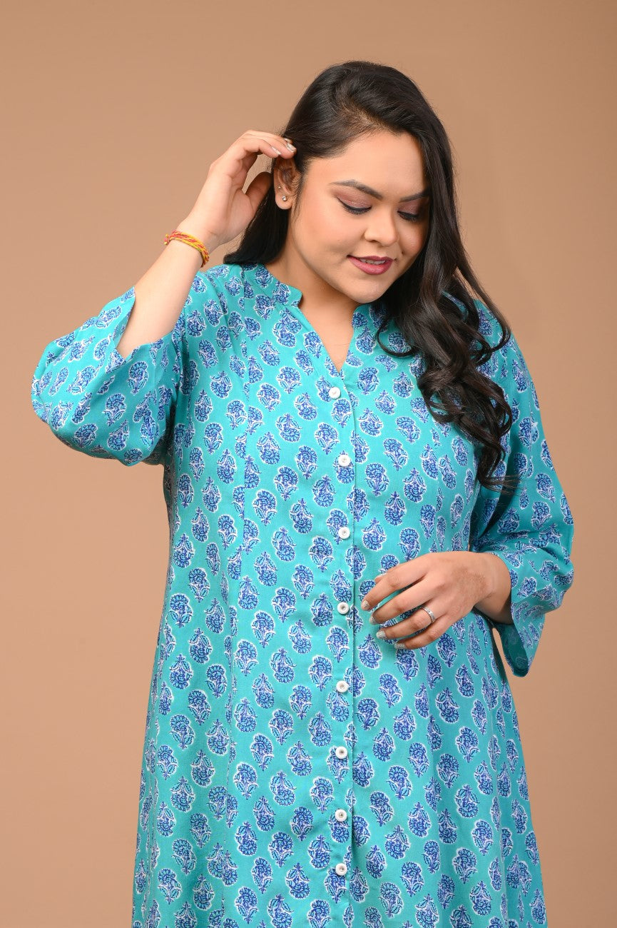 Plus Size Blue Floral Print Flared Long Kurta-400033