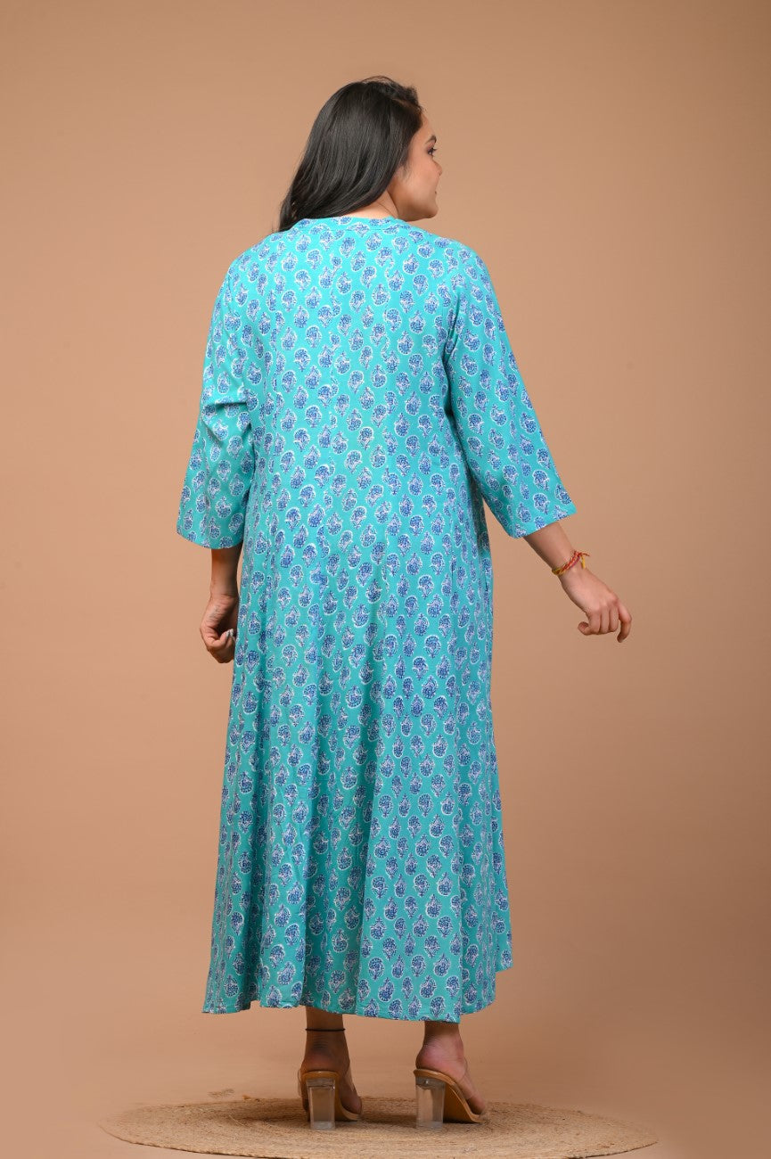 Plus Size Blue Floral Print Flared Long Kurta-400033