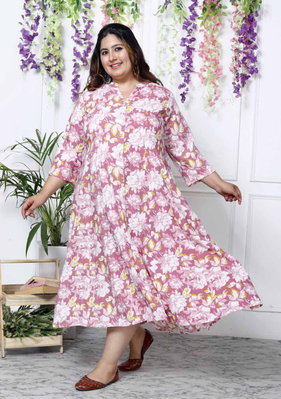Plus Size Purple Cotton Blend  Print Aline Kurta-400034