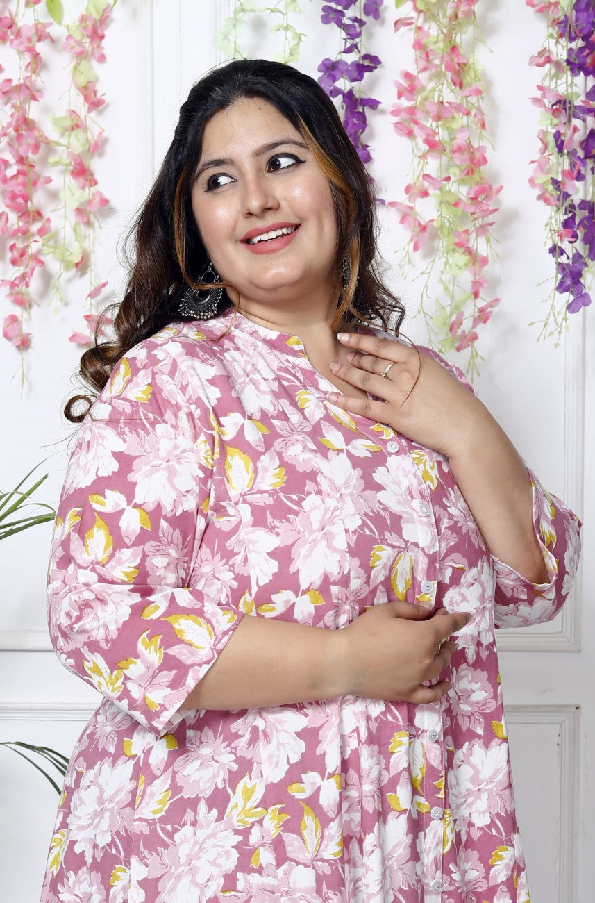 Plus Size Purple Cotton Blend  Print Aline Kurta-400034