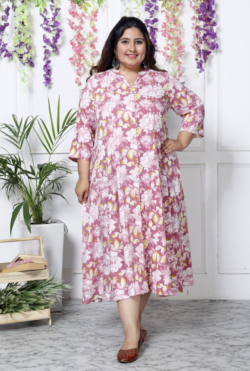 Plus Size Purple Cotton Blend  Print Aline Kurta-400034