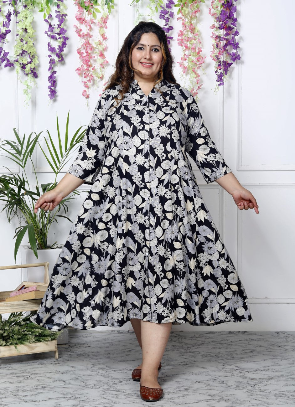Plus Size Black Floral Print Flared Long Kurta-400035 Main image
