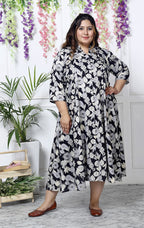 Plus Size Black Floral Print Flared Long Kurta-400035