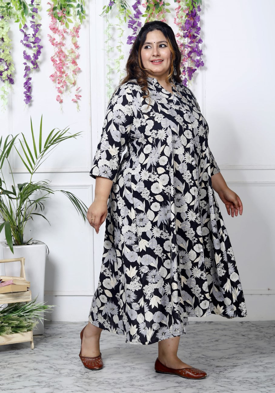 Plus Size Black Floral Print Flared Long Kurta-400035
