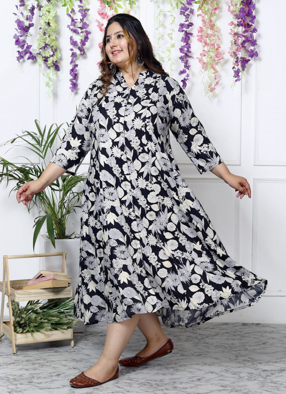 Plus Size Black Floral Print Flared Long Kurta-400035