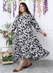 Plus Size Black Floral Print Flared Long Kurta-400035