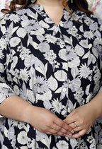 Plus Size Black Floral Print Flared Long Kurta-400035
