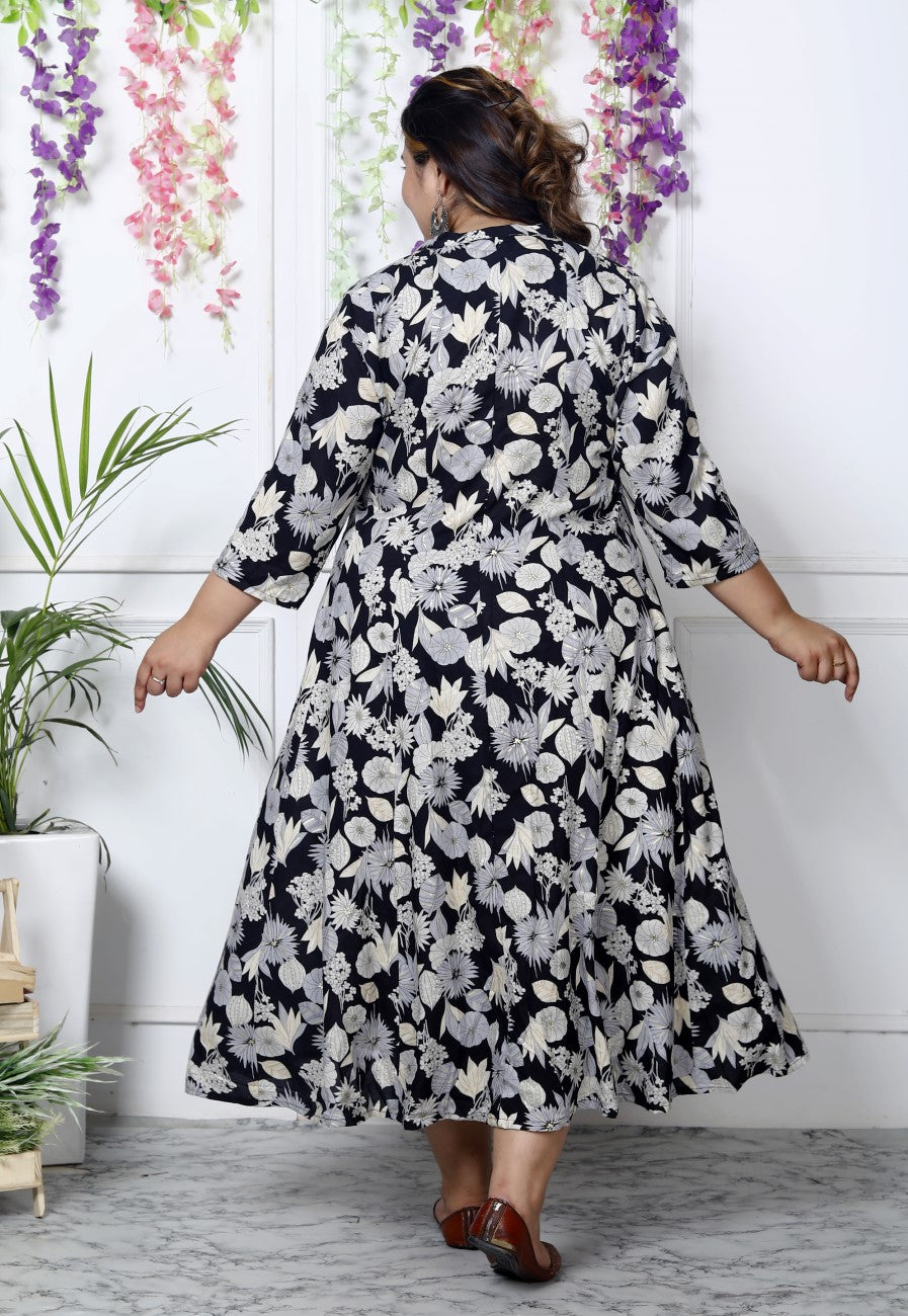 Plus Size Black Floral Print Flared Long Kurta-400035