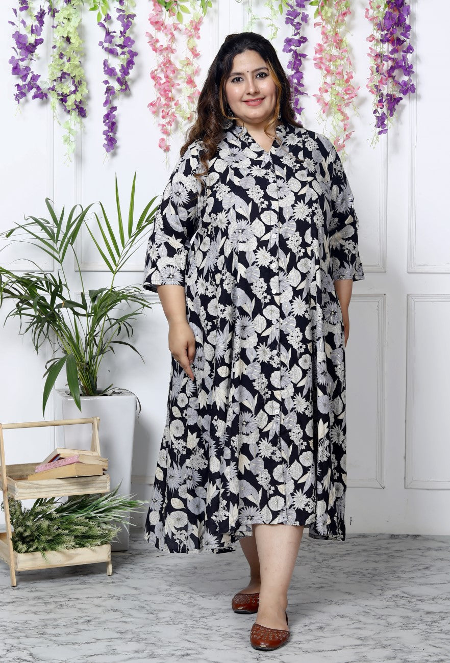 Plus Size Black Floral Print Flared Long Kurta-400035