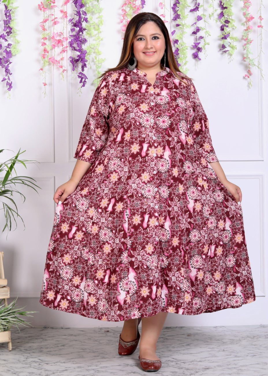 Plus Size Maroon Cotton Blend  Printed Aline Kurta-400036 Main image