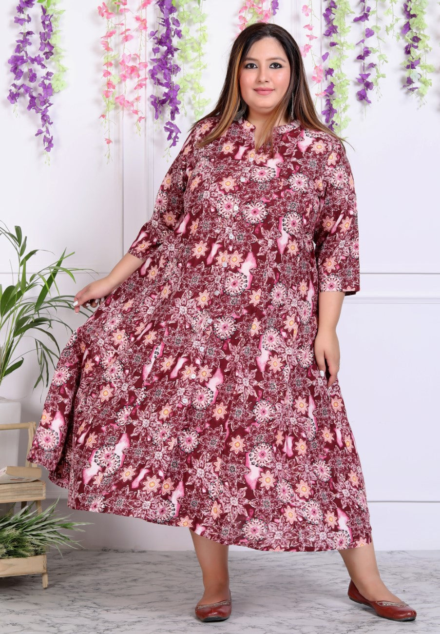 Plus Size Maroon Cotton Blend  Printed Aline Kurta-400036