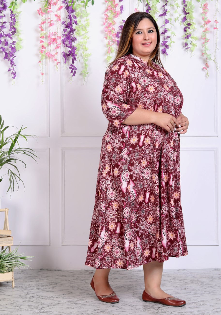 Plus Size Maroon Cotton Blend  Printed Aline Kurta-400036