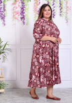 Plus Size Maroon Cotton Blend  Printed Aline Kurta-400036