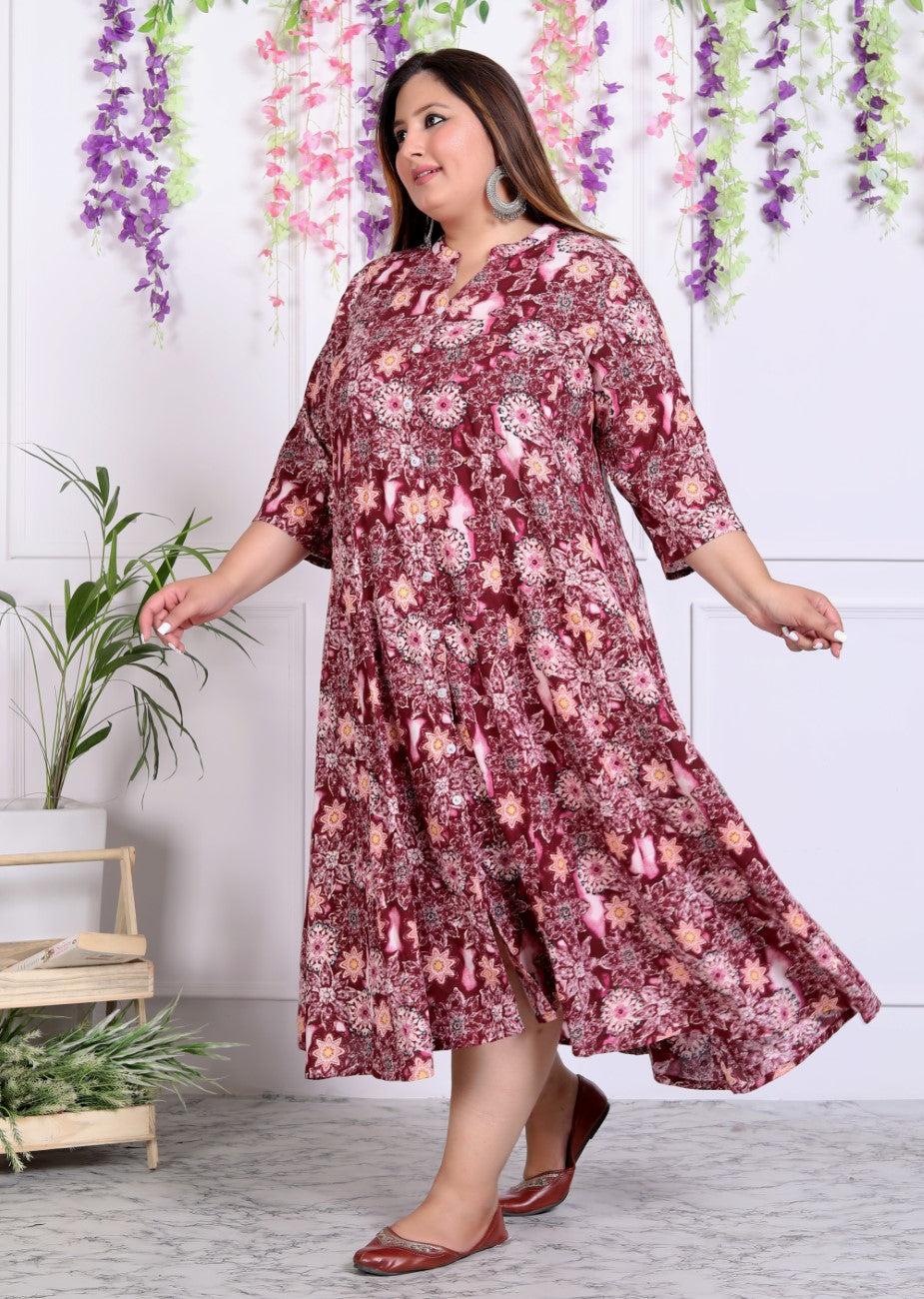 Plus Size Maroon Cotton Blend  Printed Aline Kurta-400036