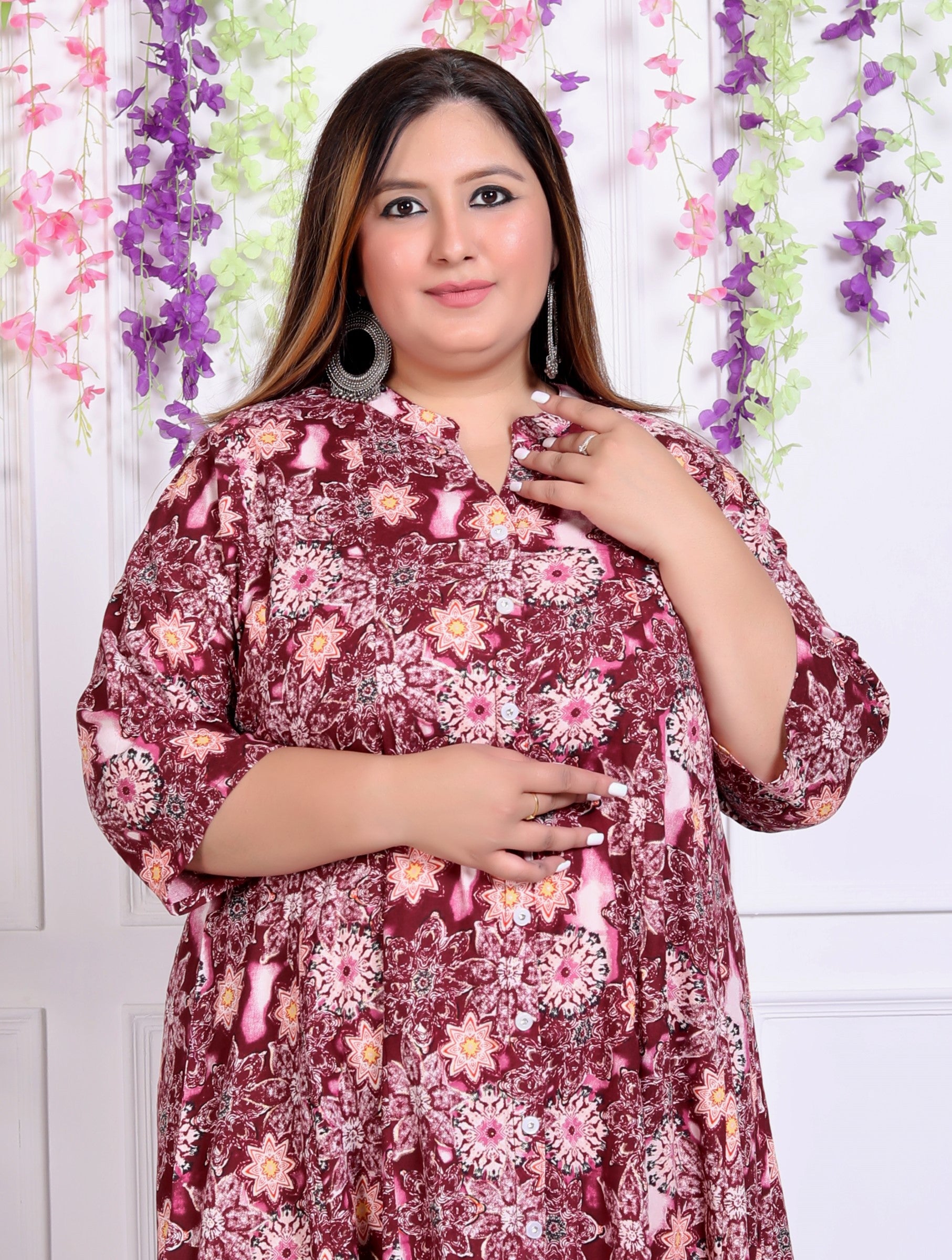Plus Size Maroon Cotton Blend  Printed Aline Kurta-400036