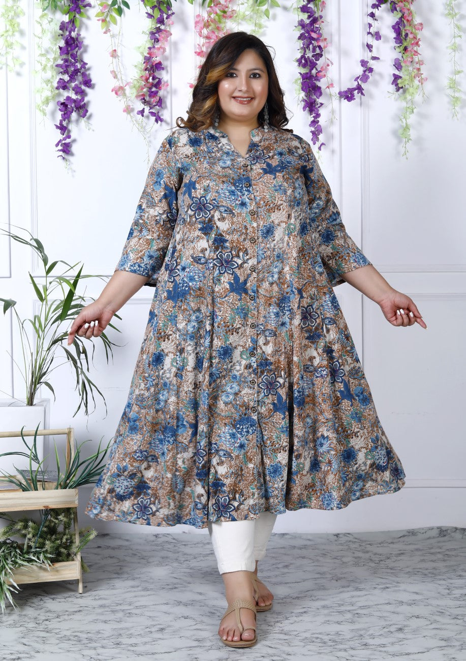 Plus Size Grey Cotton Blend  Print Aline Kurta-400037