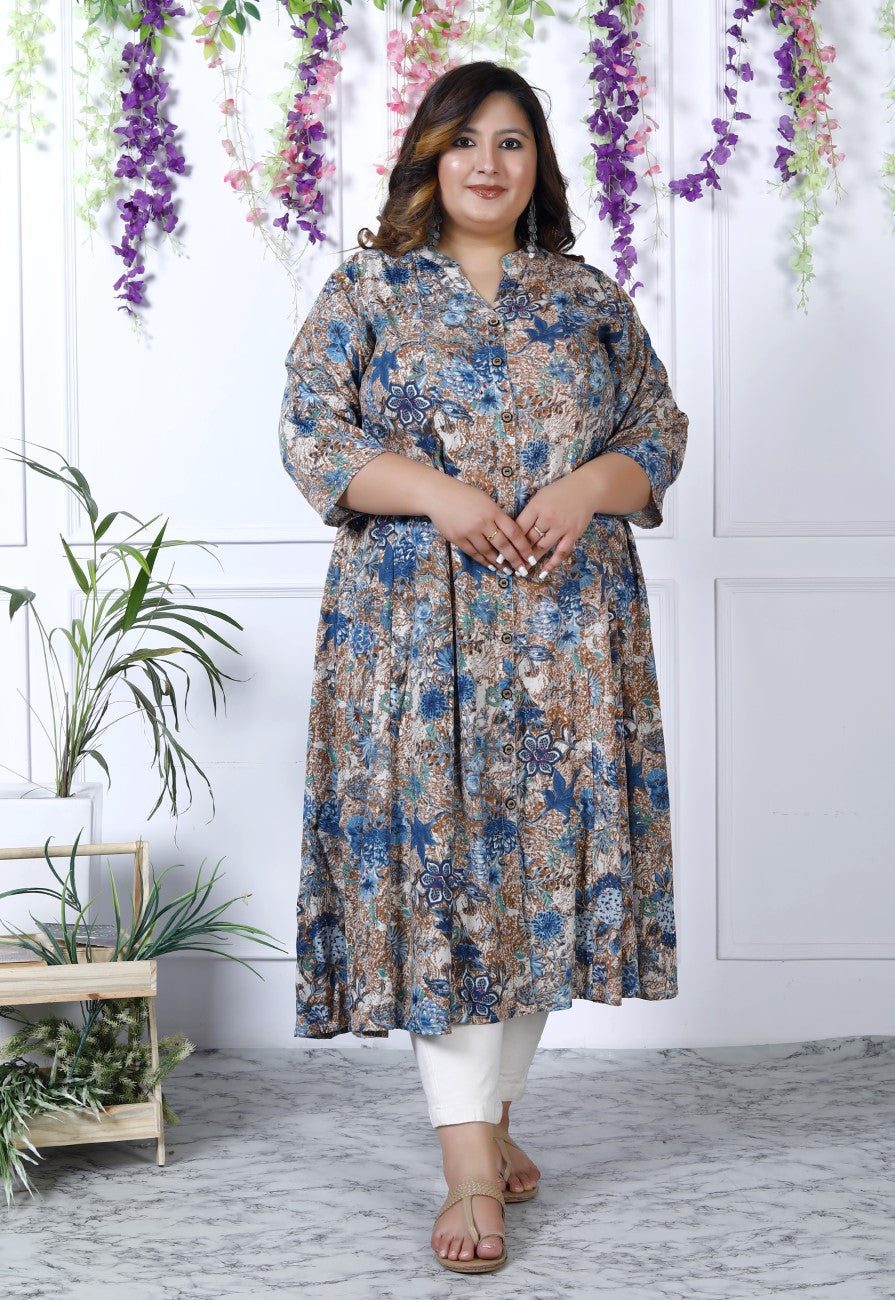 Plus Size Grey Cotton Blend  Print Aline Kurta-400037