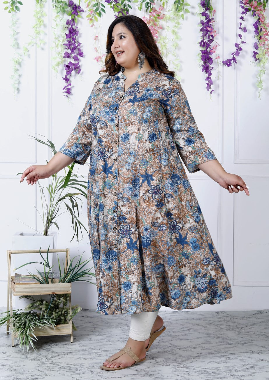 Plus Size Grey Cotton Blend  Print Aline Kurta-400037
