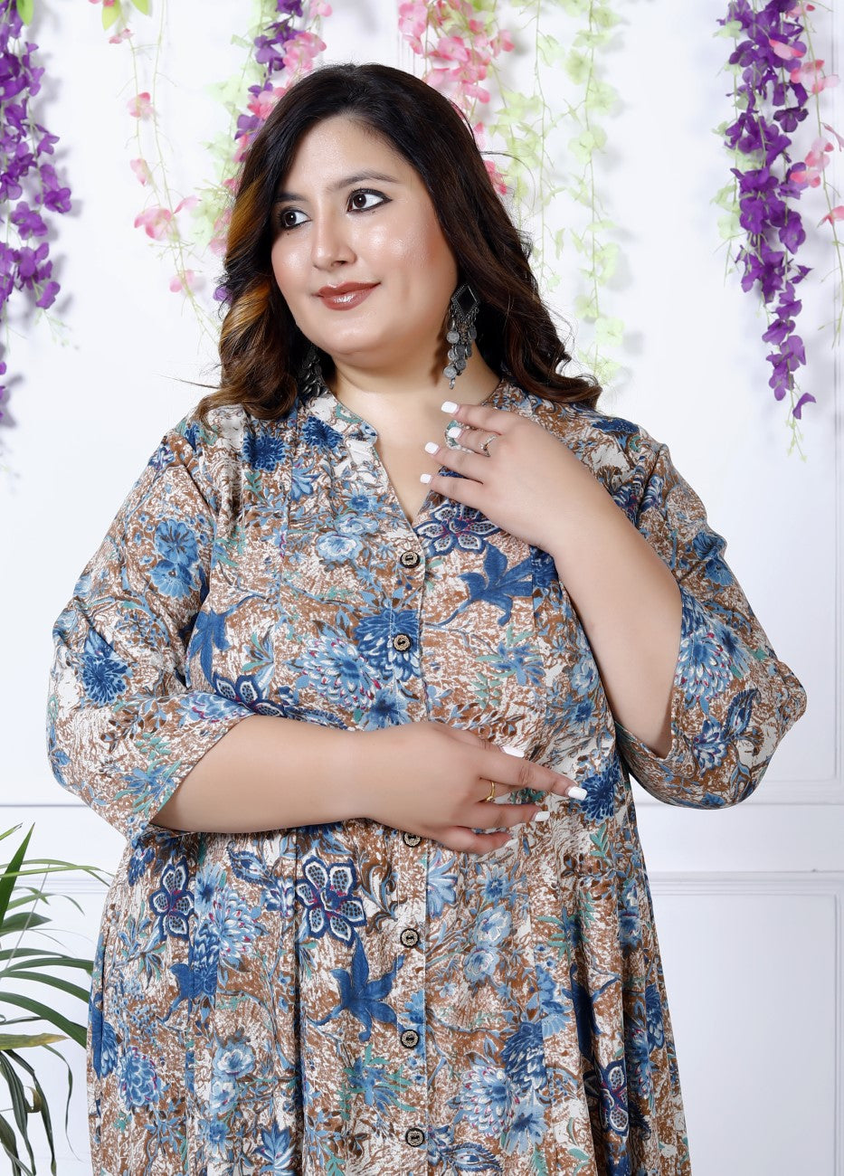 Plus Size Grey Cotton Blend  Print Aline Kurta-400037