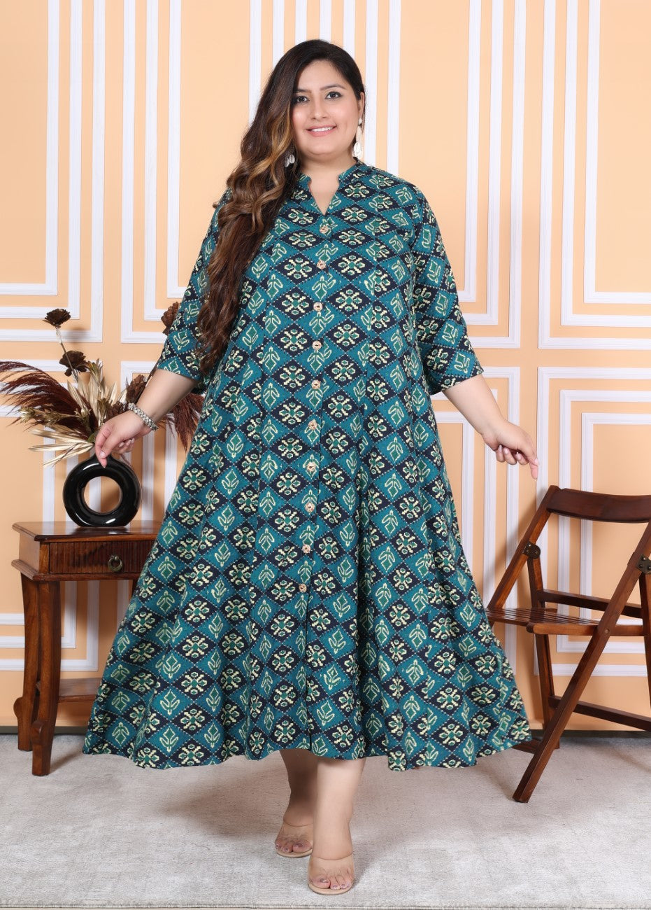 Plus Size Green Floral Print Flared Long Kurta-400039